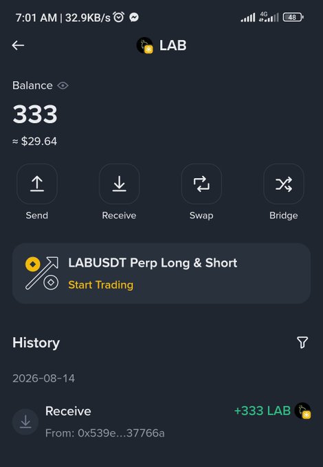 Mobile screenshot of a crypto wallet app showing a LAB token balance of 333 (approximately $29.64) with options to Send, Receive, Swap, and Bridge, along with a recent transaction history showing a receive of +333 LAB.