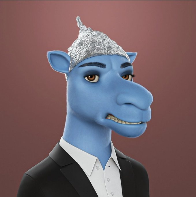 A 3D-rendered blue anthropomorphic giraffe-like character wearing a black suit, white shirt, and a crumpled aluminum foil tinfoil hat against a mauve background.