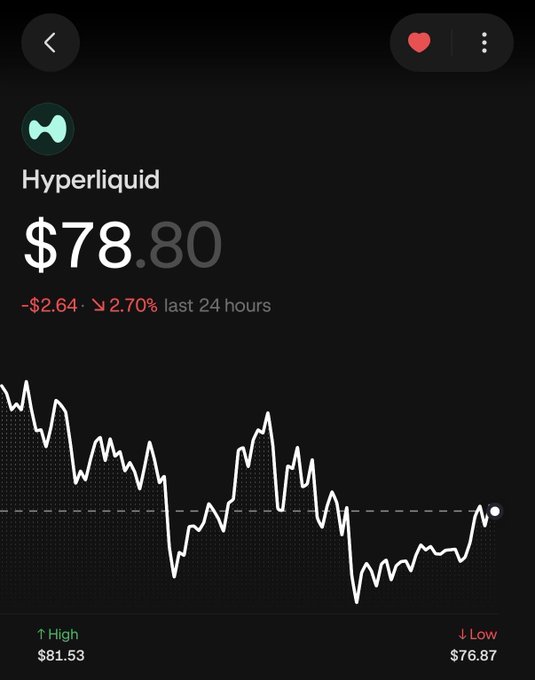 A mobile app screenshot shows the cryptocurrency Hyperliquid trading at $78.80, down $2.64 (2.70%) over the last 24 hours, with a 24-hour high of $81.53 and low of $76.87.