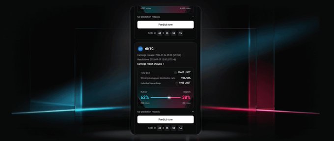 A mobile app interface displays 'rNTC' prediction data showing bullish (62%) and bearish (38%) sentiments, with a 'Predict now' button.