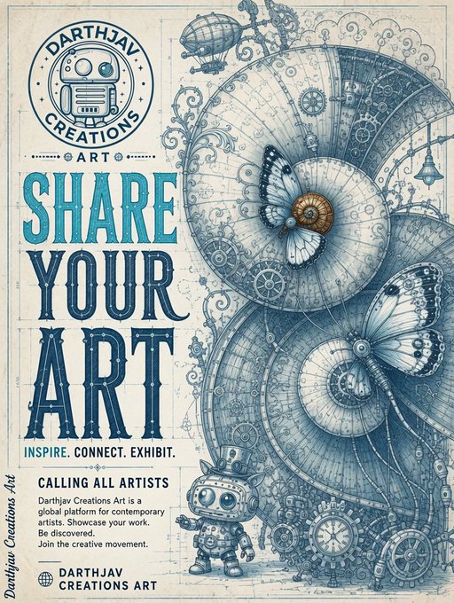 A vintage-style art poster from 'Darthjav Creations Art' featuring intricate blue butterfly and steampunk illustrations with text reading 'SHARE YOUR ART - INSPIRE. CONNECT. EXHIBIT.'