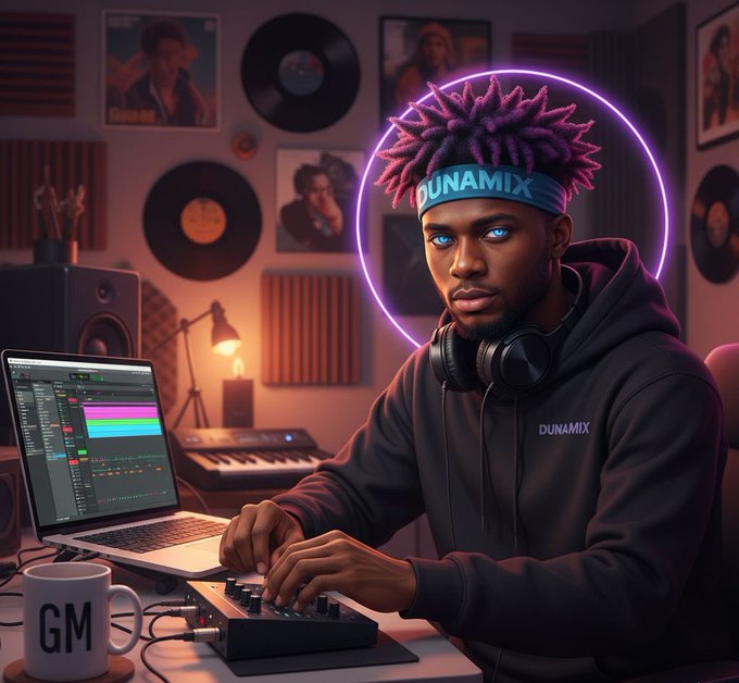 A digital illustration of a young man with purple dreadlocks and a 'DUNAMIX' headband working at a music production setup with a laptop, MIDI controller, and headphones.