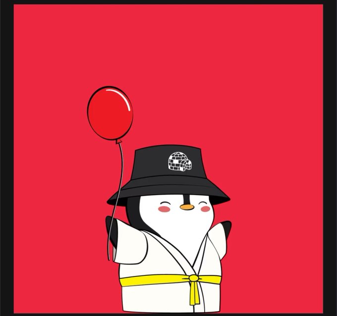 A cartoon penguin wearing a white martial arts gi with a yellow belt and a black bucket hat featuring a Millennium Falcon design holds a red balloon against a bright red background.