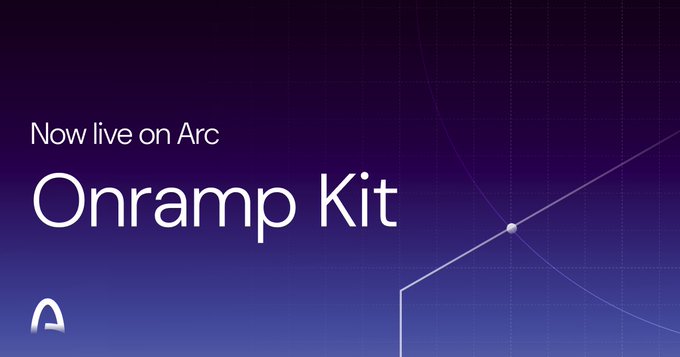 A promotional graphic with a deep purple gradient background featuring white text reading "Now live on Arc" above the larger headline "Onramp Kit," accompanied by the Arc logo in the bottom left and decorative geometric line graphics on the right, announcing the launch of the Onramp Kit for embedding fiat-to-USDC funding flows.