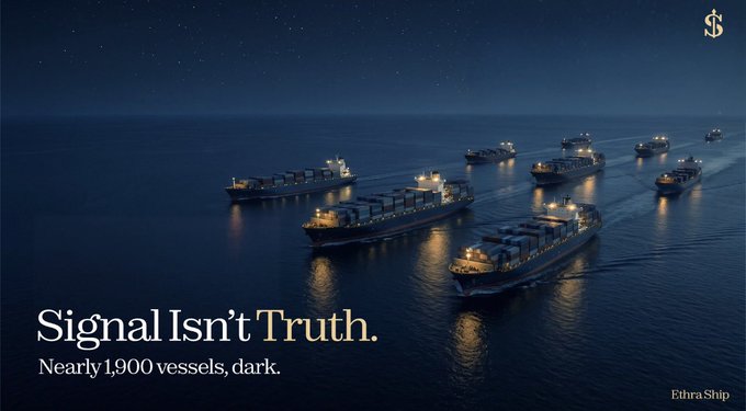 A nighttime image of ships at sea with the text 'Signal Isn't Truth. Nearly 1,900 vessels, dark.' attributing to Ethra Ship.