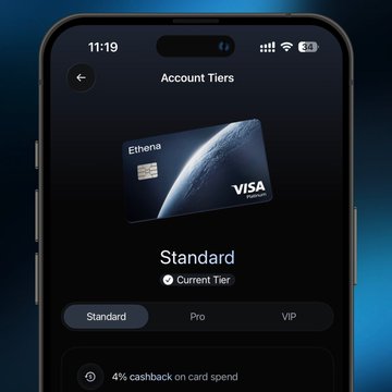 An iPhone screen displays the Ethena Pay "Account Tiers" page in dark mode, highlighting the user's current "Standard" tier on a space-themed Visa card. The interface shows tier options Standard, Pro, and VIP, with the Standard tier offering 4% cashback on card spend.