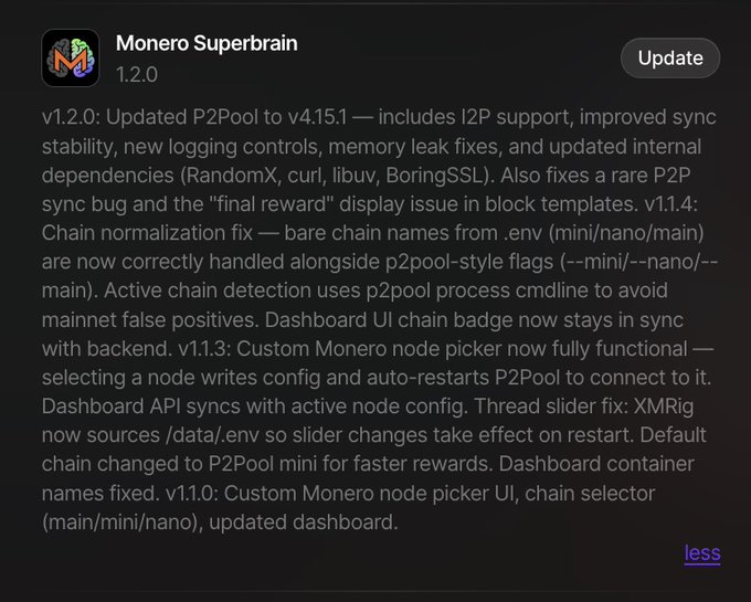 The image shows a screenshot of an app store page featuring the update available for the "Monero Superbrain". The title, "Monero Superbrain", has been updated with the version number "v14.15.1" and indicates that the app is now stable and includes improvements to memory leaks and other issues. The user should download the updated app to take advantage of these features and enhance their gaming experience using the upgraded functionality provided by the update.