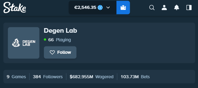 The image shows the Stake.com page for "Degen Lab," featuring a profile with 384 followers, 66 players currently playing, 9 games, $682.955M wagered, and 103.73M bets. The screenshot corresponds to the promotional post inviting users to follow Degen Lab on Stake for a reward.