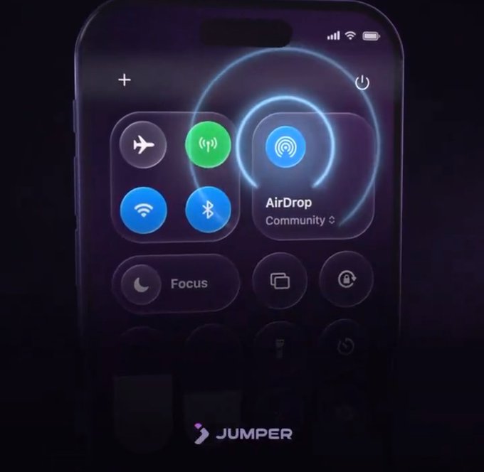 An iPhone screen displays the Control Center with the AirDrop interface active, showing radio wave animations around the AirDrop icon.