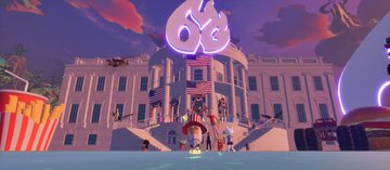 A stylized building with large round structures on top is depicted in a colorful animated scene with a pink and purple sky.