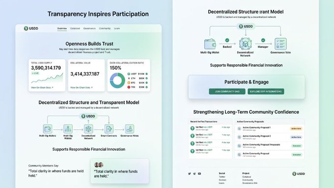 USDD website showing transparency and participation features, including a total USD supply of 3,590,314,179, collateral value of 3,414,337,187, and a 150% over-collateralization ratio.