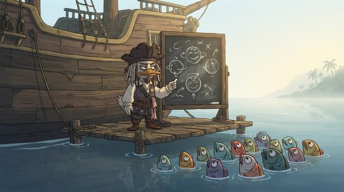 A cartoon pirate duck in a tricorn hat and vest stands on a wooden dock next to a pirate ship, pointing at a chalkboard with drawings while a school of colorful fish listens attentively from the water.