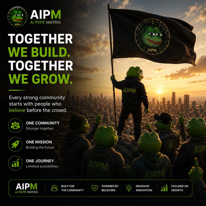 A promotional graphic for AIPM (AI PEPE MATRIX) cryptocurrency showing Pepe the Frog characters with the slogan 'TOGETHER WE BUILD. TOGETHER WE GROW.'