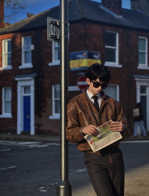 A young man in a brown leather jacket and sunglasses stands on a city street corner reading a newspaper with a green masthead. The "gm frens" weekend greeting pairs with his urban, contemplative pose—appearing to scan the markets for liquidity opportunities while leaning against a signpost in front of a brick building with "TO LET" signage visible in the window.