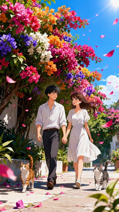 Anime-style illustration of a young couple holding hands and walking beneath vibrant bougainvillea flowers in full bloom, accompanied by two cats on a sunny path with petals drifting in the air.