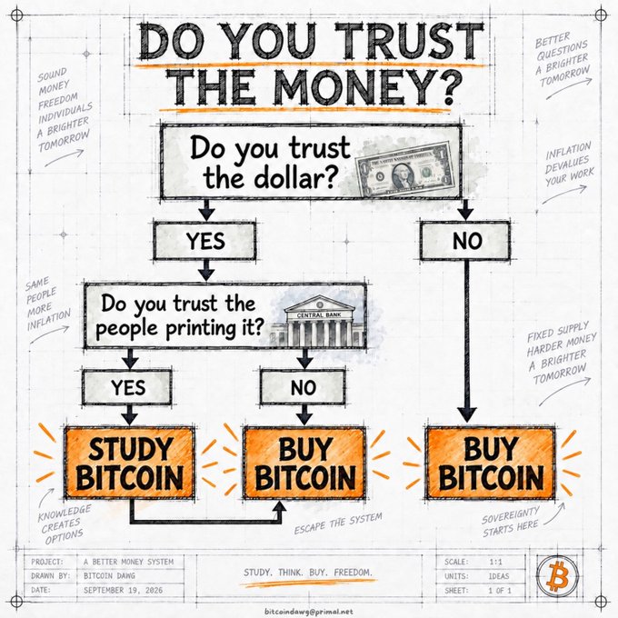An infographic flowchart titled 'DO YOU TRUST THE MONEY?' from 'Bitcoin Dawgs' dated September 19, 2026, guides viewers through a decision tree asking 'Do you trust the dollar?' and 'Do you trust the people printing it?', ultimately pointing to three orange outcome boxes: 'STUDY BITCOIN' or 'BUY BITCOIN'.