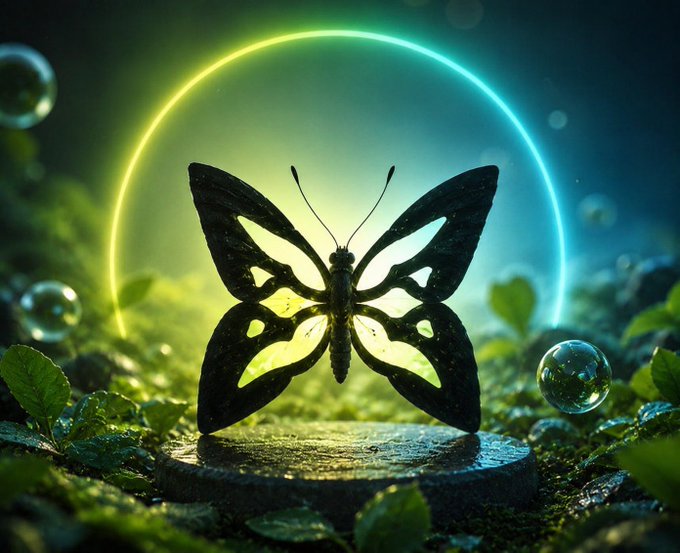 The image features a butterfly with black wings, sitting on top of a rock surrounded by green plants. The butterfly's wings are spread out, showcasing its intricate patterns. The background consists of a dark blue sky filled with neon lights that create an ethereal glow around the butterfly and the rock formation. The post also mentions "Good morning homies people still talk about @quipnetwork as if it' s only focused on quantum security but the bigger story might be the ecosystem quietly forming around it because it's rare to see an infrastructure project combine so many layers this early: → deep".