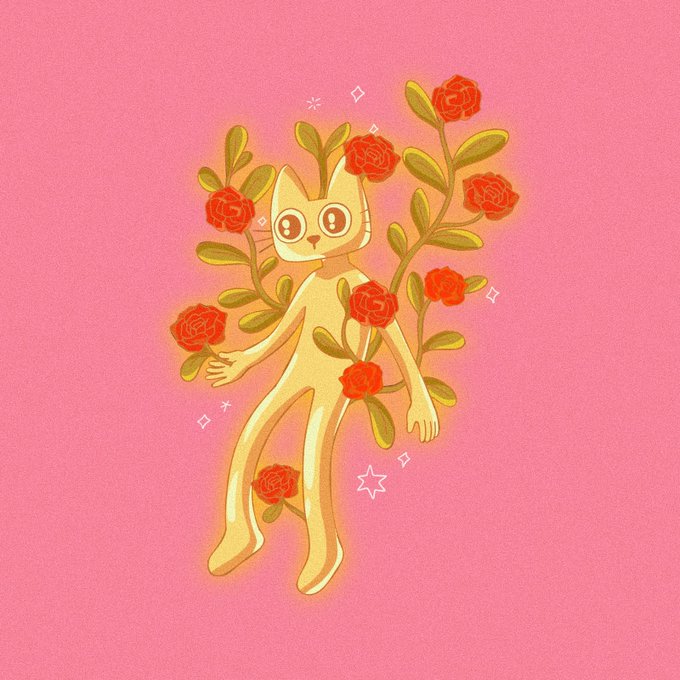 A cute illustration of a golden cat-like figure surrounded by red roses and green leaves with sparkle accents, on a pink background.
