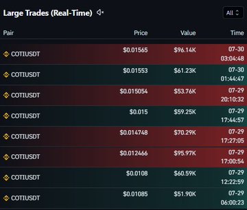 A cryptocurrency trading interface titled 'Large Trades (Real-Time)' displaying multiple COTIUSDT transactions with prices, values, and timestamps.