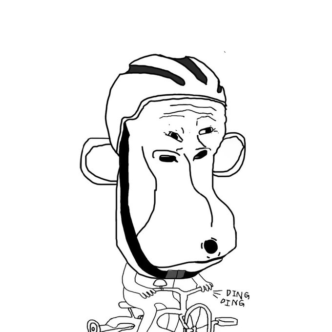 A black-and-white digital line drawing of a young man wearing a bicycle helmet, featuring an exaggeratedly long face, riding a bike with a small caption reading 'DING DING'.