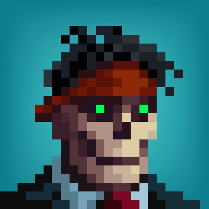 Pixel art portrait of a character with dark hair and bright green eyes against a teal background.