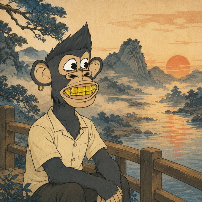 A stylized illustration of a Bored Ape-style cartoon character with gold teeth and an earring sitting by a wooden railing, set against a traditional Japanese landscape with a setting sun.