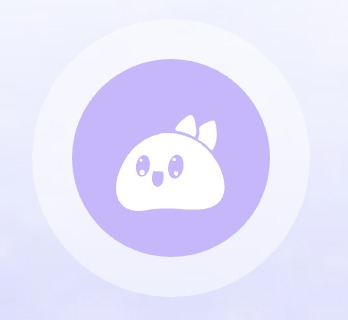 A minimalist logo featuring a white cute ghost-like character with small leaves on its head, set against a light purple circular background.
