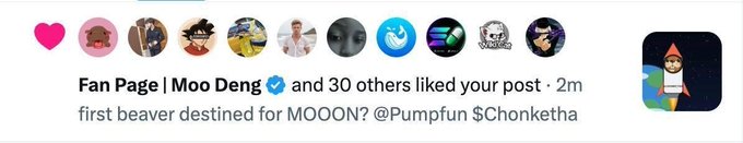 A social media notification shows "Fan Page | Moo Deng (verified) and 30 others liked your post · 2m" with the caption "first beaver destined for MOOON? @Pumpfun $Chonketha," featuring a pixel-art character in a rocket. The image relates to the post about $Chonketha's 2M milestone and Solana's momentum, suggesting strong community engagement and bullish momentum for the token.