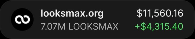 The image shows a wallet tracker display for looksmax.org (ticker $LOOKSMAX), displaying a portfolio value of $11,560.16 with an unrealized gain of +$4,315.40 on 7.07M tokens, which visually represents the remaining holding mentioned in the post about a $225 investment yielding over $21,000 in profit.
