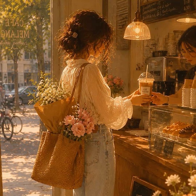 An illustrated scene of a woman with curly hair carrying a bouquet of flowers while ordering a drink at a sunlit café.