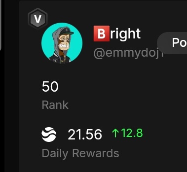 The image features a black-and-white profile picture of an emo boy with a white hat and a green shirt. The user has a low Rank in the staking system, but they have already achieved 21.5 rewards or completed 12.8 daily activities. The text within the post suggests that the staker is gaining confidence and recognition within the platform's ecosystem.