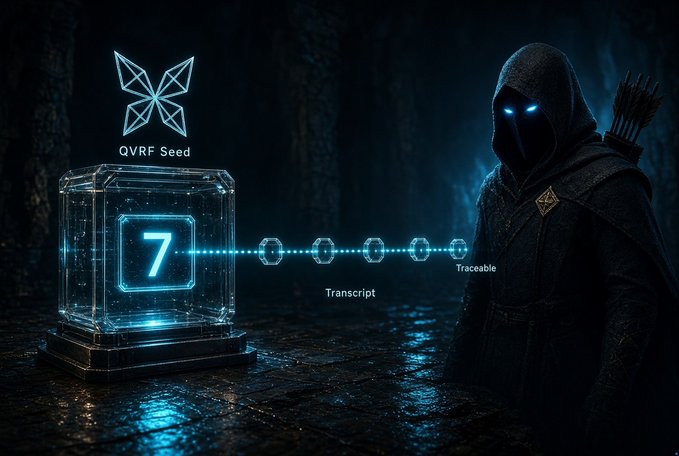 A dark, fantasy-style graphic with a hooded figure featuring glowing blue eyes standing next to a glowing cube displaying the number "7", accompanied by the text "QVRF Seed", "Transcript", and "Traceable".