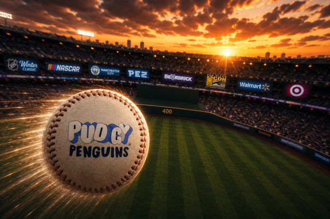 The image features a baseball game taking place in an empty stadium, with a large white ball flying through the air towards the batter. The sun is setting behind the city skyline, creating a beautiful backdrop for the scene. In the background, there are advertisements for various companies such as Walgreen's and Target, indicating that this is likely a professional baseball game being played at a major sports venue.
