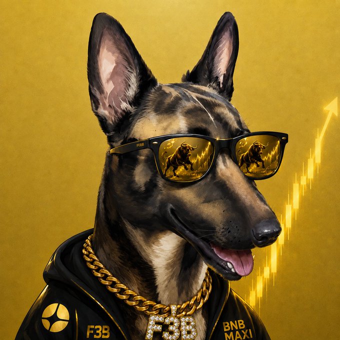 A digital art portrait of a German Shepherd dog wearing sunglasses that reflect a bullish market, wearing a gold chain necklace, and a black hoodie with 'F3B' and 'BNB MAXI' text, set against a yellow background with a rising chart.