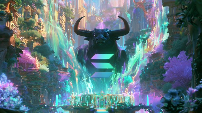 A majestic bull statue with glowing teal and purple aura is centered against a fantastical, vibrant background of futuristic architecture and foliage, overlaid with the Solana (SOL) logo. The image visually reinforces the post's theme about a "quiet phase" in the crypto market, with the powerful bull symbolizing potential bullish momentum waiting beneath the surface of the current low hype around the token.