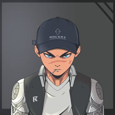 An anime-style portrait of a serious young man wearing a navy 'RACERZ' cap and a futuristic white and dark jacket, with a lollipop stick in his mouth.