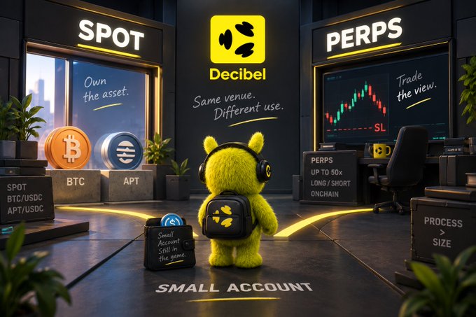 3D rendered promotional image for Decibel featuring a yellow furry character with headphones and backpack standing between 'SPOT' (BTC/USDC, APT/USDC) and 'PERPS' (up to 50x long/short onchain) trading displays, with the text 'Same venue. Different use.'