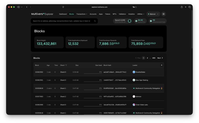 A screenshot of the MultiversX Explorer dashboard showing blockchain statistics including a block height of 133,432,861 and a list of recent blocks.