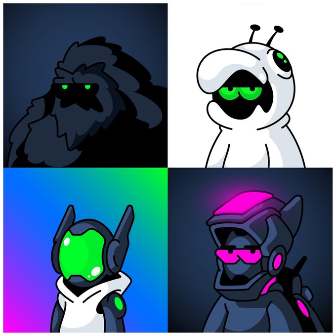 Four stylized robotic or mascot-like characters appear in a 2x2 collage, each featuring a dark face area with bright green or pink eyes.