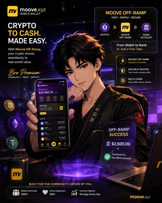 An anime-style young man in a black robe holds a phone displaying the Moove.xyz mobile wallet app with a balance of $24,560.75, alongside promotional text highlighting the "Moove Off-Ramp" service that converts crypto to cash and transfers it directly to a bank account, with an "Off-Ramp Success" notification showing $2,500 transferred. The ad emphasizes features like "Instant Off-Ramp," "Secure & Trusted," and "Multi-Chain" capabilities, tying into the X thread contest about Moove's Off Ramp service.