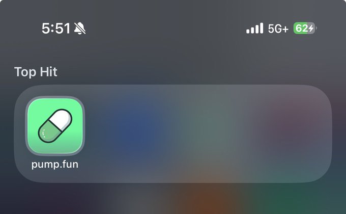 An iPhone screen showing a 'Top Hit' Siri suggestion for the 'pump.fun' app icon.
