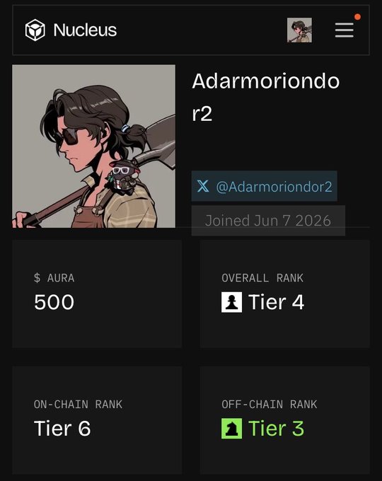 A profile page on the Nucleus platform for user "Adarmoriondor2" showing their avatar, join date of Jun 7 2026, $500 AURA balance, and ranks including Overall Tier 4 and Off-Chain Tier 3.