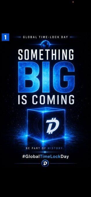 A promotional graphic for a "Global Time-Lock Day" event on Diji, featuring the text "SOMETHING BIG IS COMING" and a glowing blue cube with a D logo.