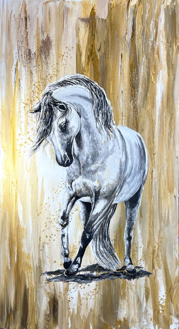 An acrylic or oil painting of a gray and white horse with a flowing mane, set against an abstract background of gold, brown, and white brushstrokes.