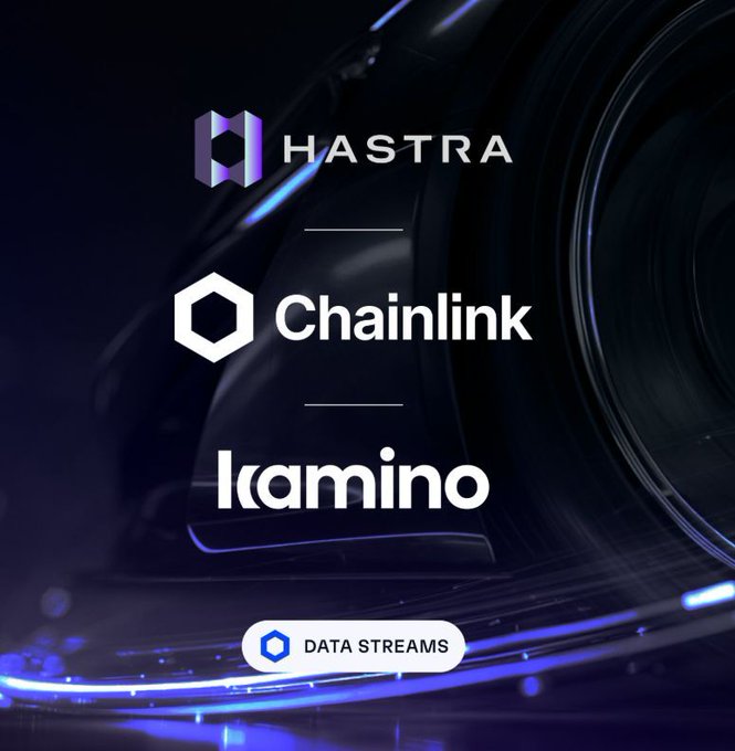 A promotional graphic displaying the logos for 'HASTRA', 'Chainlink', and 'Kamino', with a 'DATA STREAMS' badge at the bottom.
