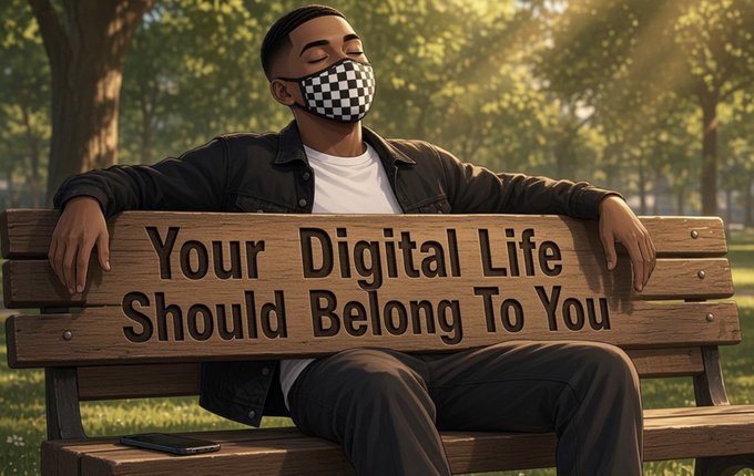A stylized illustration of a person wearing a checkered mask sitting relaxed on a wooden park bench that reads 'Your Digital Life Should Belong To You'.