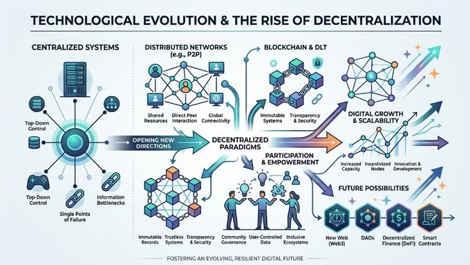 The image shows a detailed graphic representation of technological evolution, specifically focusing on the rise of cryptocurrency and the concept of decentralization. The diagram features various elements such as distributed networks, smart contracts, blockchain technology, and digital currencies like Bitcoin. Additionally, there are figures representing individuals within these networks. In the background, icons related to gaming consoles and other digital devices can be seen. This graphic aligns well with the accompanying post about BitTorrent that emphasizes the importance of understanding how new technologies continue opening up possibilities for innovation in different industries.