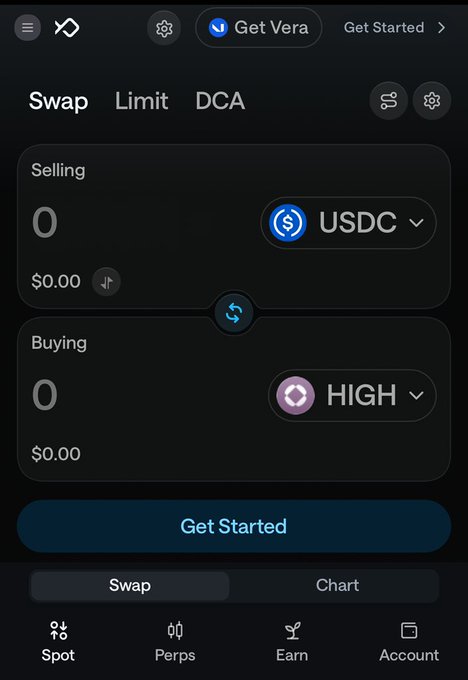 A screenshot of a cryptocurrency swap interface showing options to sell USDC and buy HIGH tokens, with tabs for Swap, Limit, and DCA, and navigation for Spot, Perps, Earn, and Account.