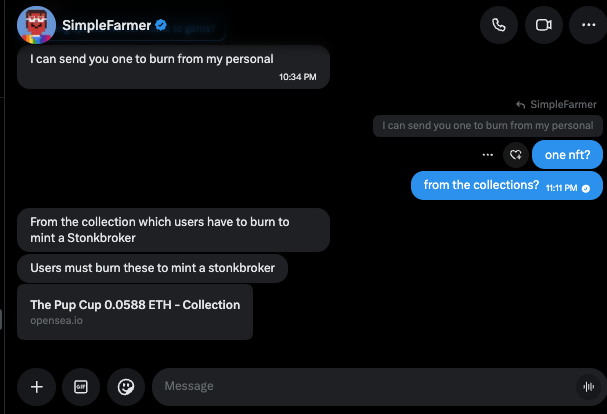 A screenshot of a Facebook Messenger conversation showing SimpleFarmer offering a free NFT burn from their personal Stonkbroker collection, with the user responding "one nft?" and asking if it's from the collections, followed by SimpleFarmer sharing an OpenSea link for "The Pup Cup 0.0588 ETH" collection.