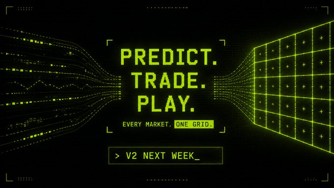 A digital graphic with neon green text reading 'PREDICT. TRADE. PLAY.' and 'EVERY MARKET. ONE GRID.' with a '> V2 NEXT WEEK_' prompt against a black background with green grid and data visualization elements.